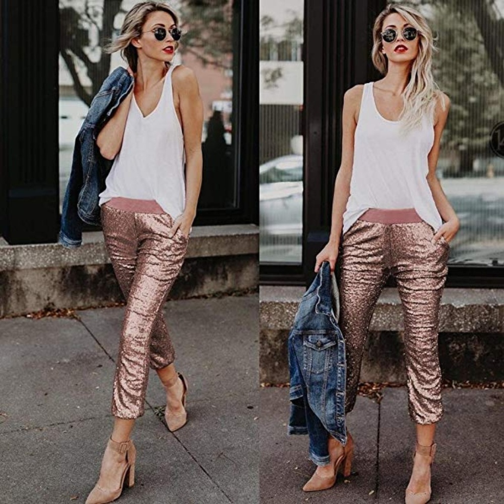 Rose Gold Sparkle Sequin Glam Jogger Trouser - Picture 2 of 6